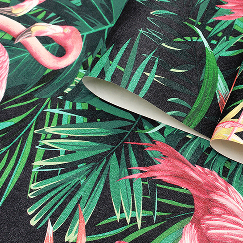 Vinyl 33' by 20.5" Tropical Non-Pasted Flamingo and Botanical Leaf Wallpaper Clearhalo 'Modern wall decor' 'Modern' 'Tropical wall decor' 'Tropical' 'Wallpaper' Wall Decor' 893480