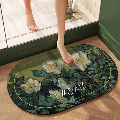 Feblilac Oval Flowers Oil Painting Diatomaceous Earth Bathmat