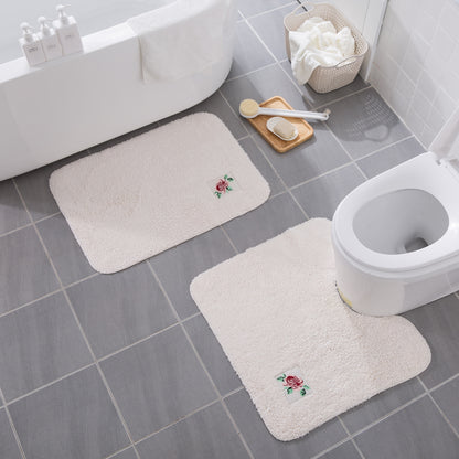 Feblilac Flower Embroidered solid Tufted Bathroom Mat Toilet U-Shaped Floor Mat