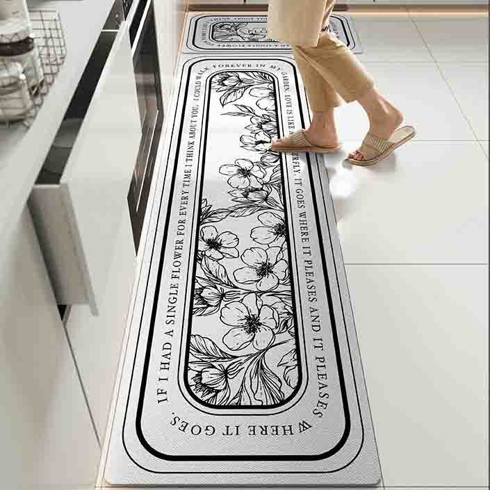 Feblilac Black and White Flower PVC Leather Kitchen Mat - Feblilac® Mat