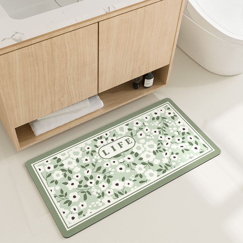 Feblilac White Flower Green Leaves Oval New Tech Velvet Bathroom Mat Toilet U-Shaped Floor Mat - view 2