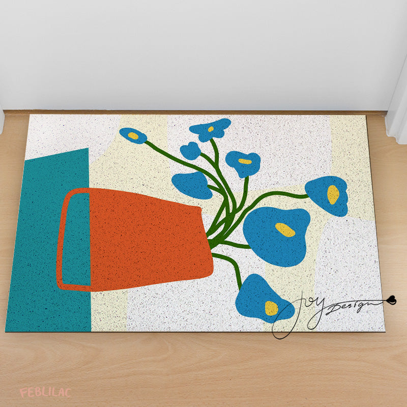 Feblilac Orange Vase and Blue Flowers PVC Coil Door Mat