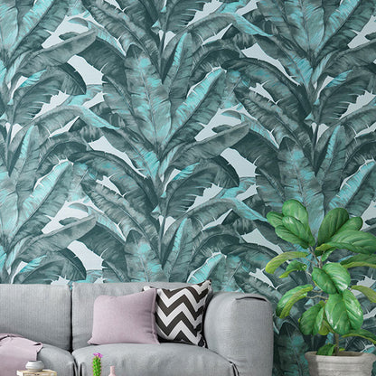 Tropical Banana Leaf Wall Covering for Accent Wall Contemporary Wallpaper, 33' by 20.5" Blue Clearhalo 'Modern wall decor' 'Modern' 'Tropical wall decor' 'Tropical' 'Wallpaper' Wall Decor' 984669