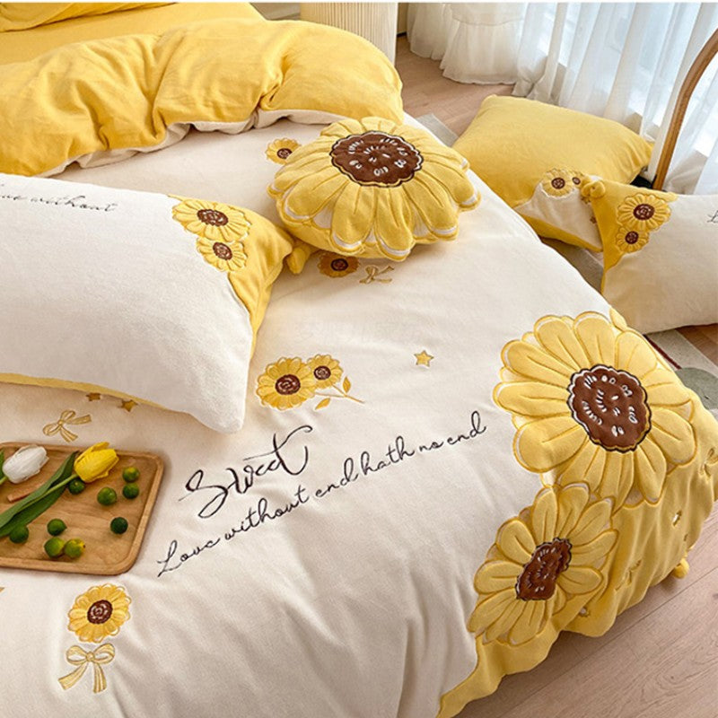 Feblilac Winter Sunflower and Animal Milk Fleece Four-Piece Bed Sets Coral Fleece Quilt Cover