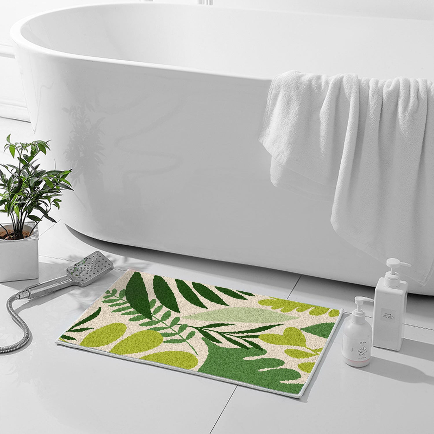 Feblilac Green Tropical Plant Leaves Tufted Bath Mat