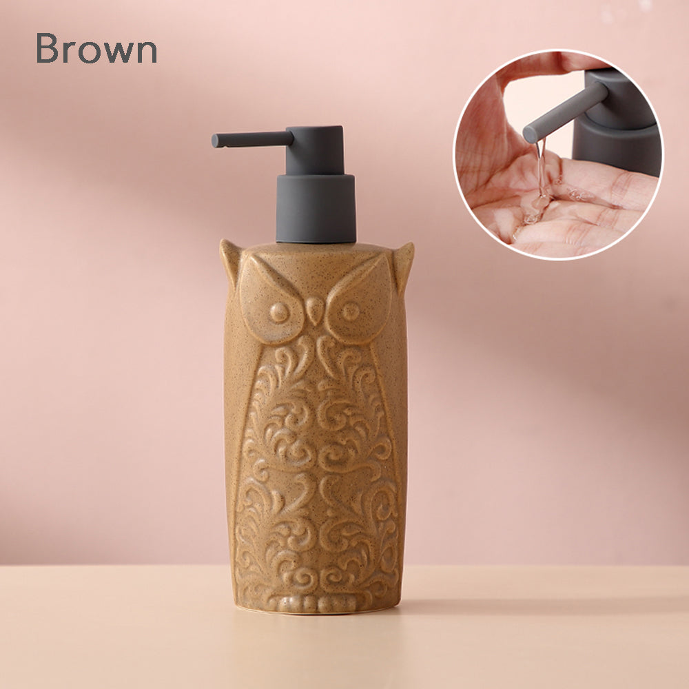 Off white Ceramic Soap Dispenser, Liquid Bathroom Bottle, Owl Design, Refillable Reusable Lotion Pump for Bathroom Kitchen, 480ml/16.23oz