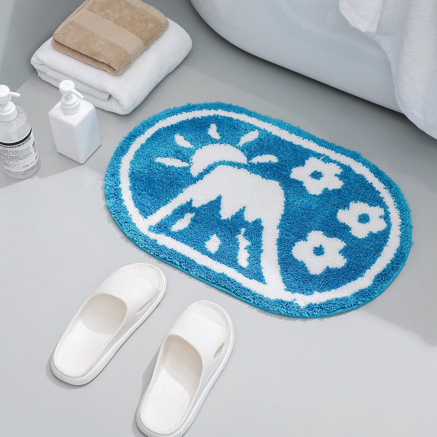 Lake Blue Fuji Mountain and Sakura Blossom Bath Mat, Japanese Bathroom Rug, Cute Bath Decor, 40x60cm or 15x23 inches - Feblilac® Mat