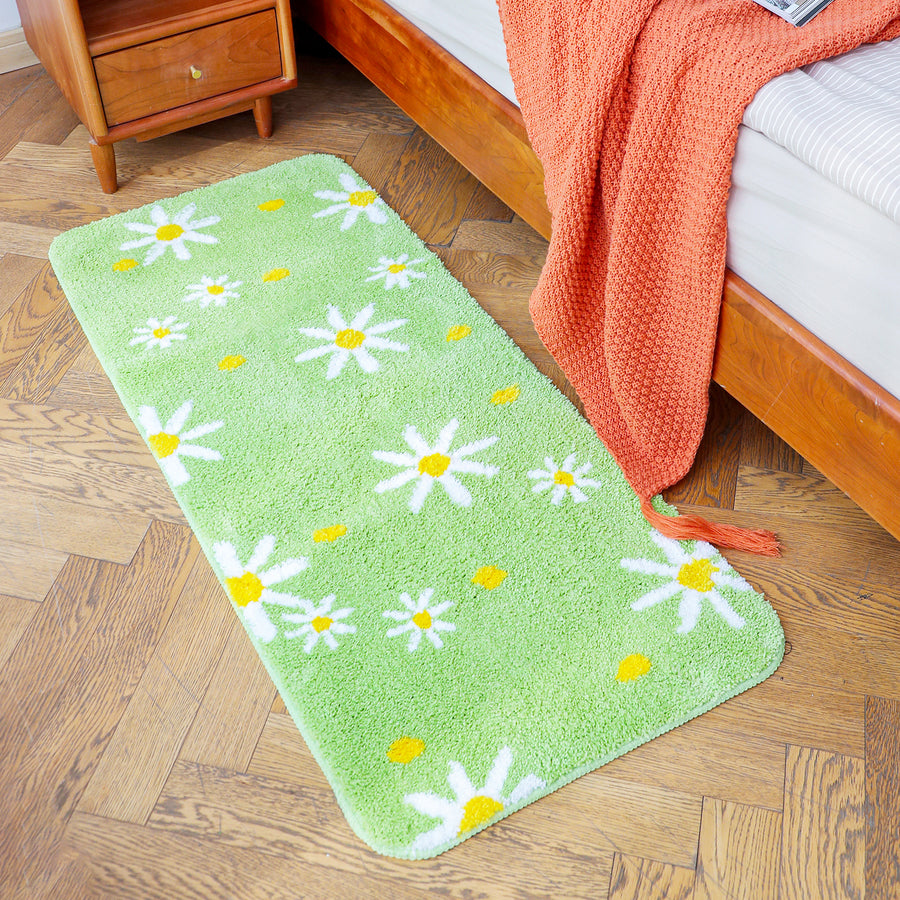 Green White Daisy Runner Mat for Bedroom 50x120cm or 19x47 inches Mom‘s Day Gift - Feblilac® Mat