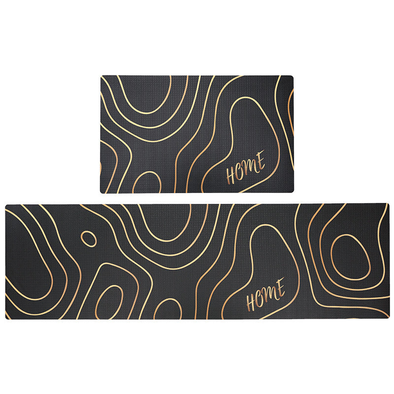 Feblilac Abstract Hills Black and Golden Line Pattern PVC Leather Kitchen Mat - Feblilac® Mat