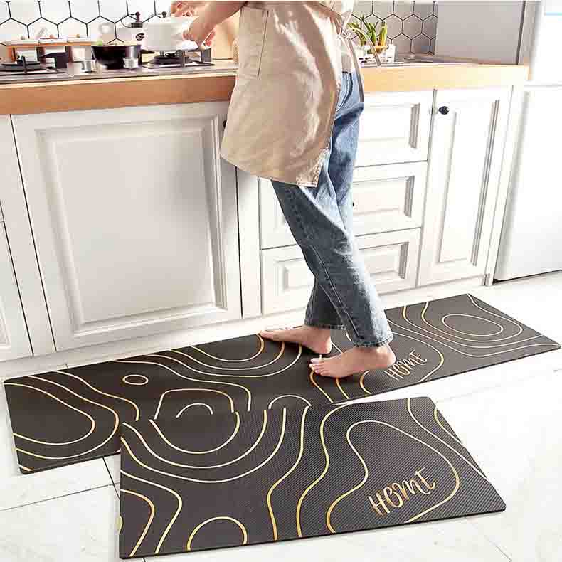 Feblilac Abstract Hills Black and Golden Line Pattern PVC Leather Kitchen Mat - Feblilac® Mat