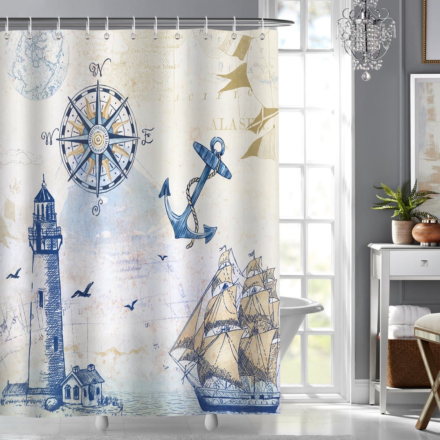 Nautical Sailboat Lighthouse Shower Curtain