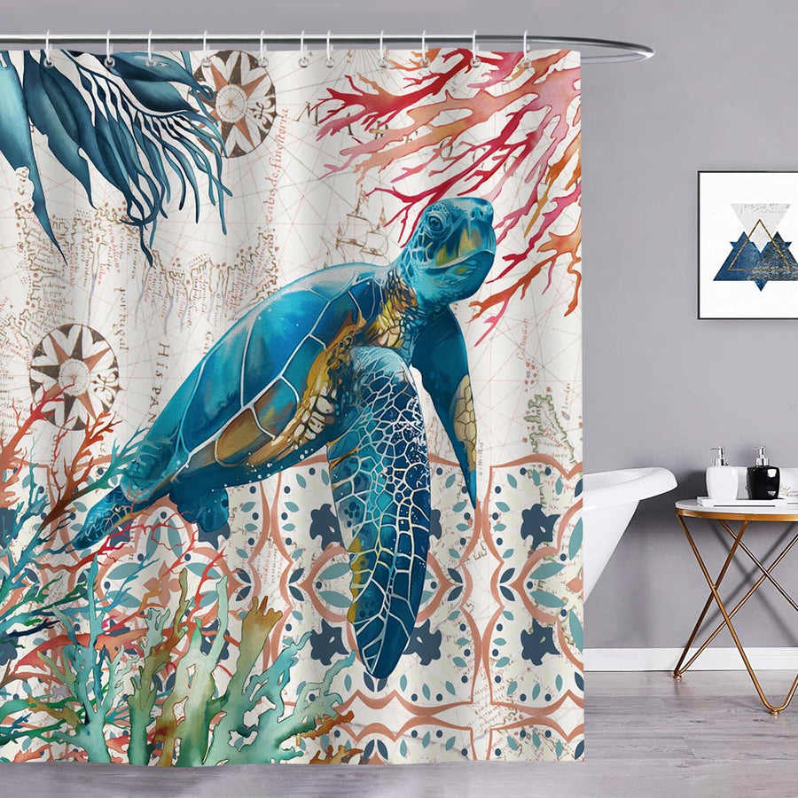 Sea Turtle Coral Shower Curtain - view 2