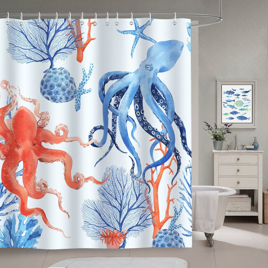 Blue Octopus Coral Bath Curtain - view 2