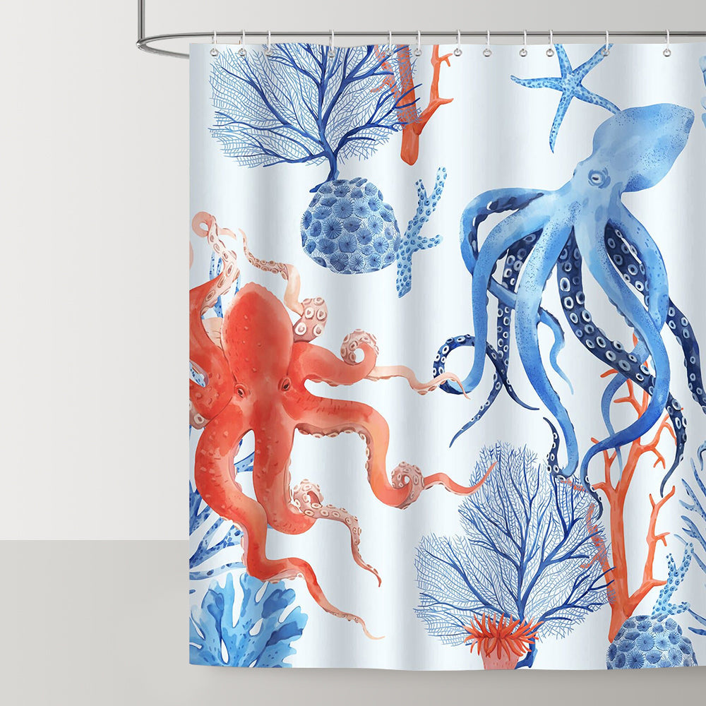Blue Octopus Coral Bath Curtain
