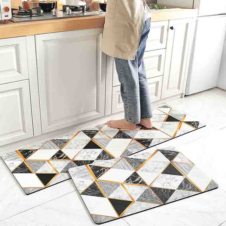 Feblilac Baroque Style Black Grey and White Geometric Pattern PVC Leather Kitchen Mat - Feblilac® Mat