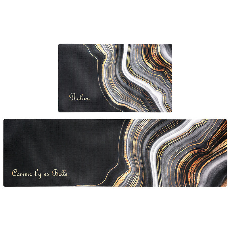 Feblilac Black Grey and Golden Wave Flow Line Pattern PVC Leather Kitchen Mat - Feblilac® Mat