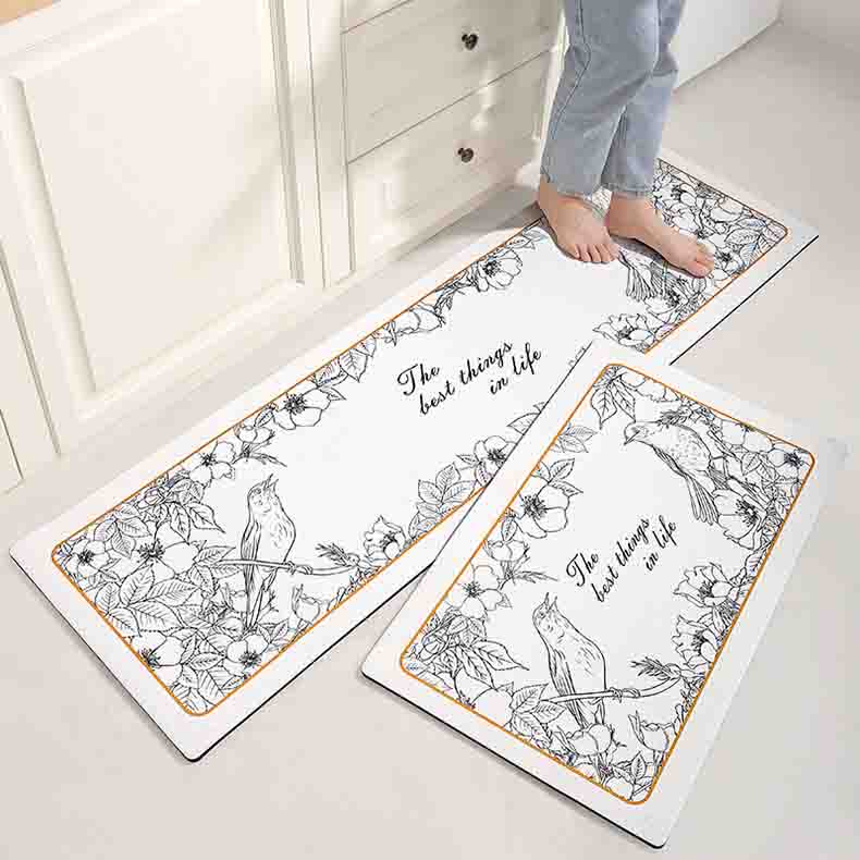 Feblilac Black and Whie Flower and Bird PVC Leather Kitchen Mat - Feblilac® Mat