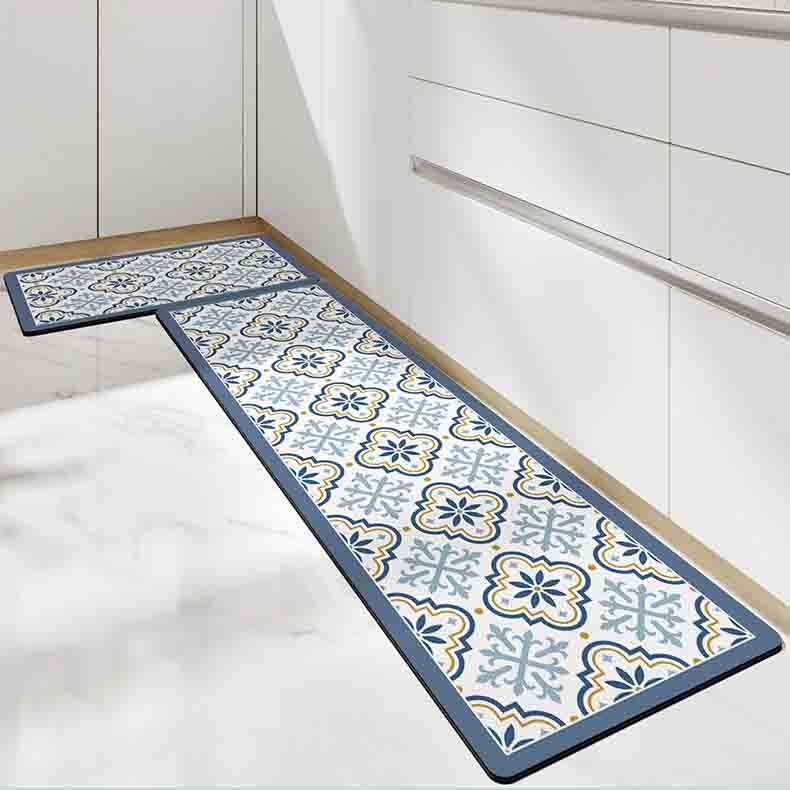 Feblilac Blue Flower Geometric Pattern PVC Leather Kitchen Mat Mom‘s Day Gift - Feblilac® Mat