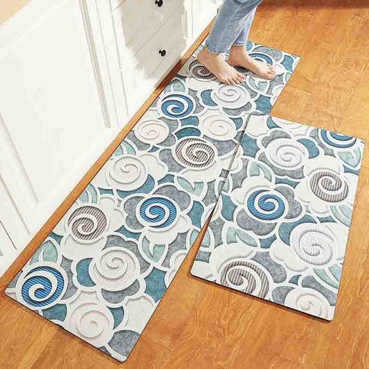 Feblilac Blue and Grey 3D Flower PVC Leather Kitchen Mat Mom‘s Day Gift - Feblilac® Mat