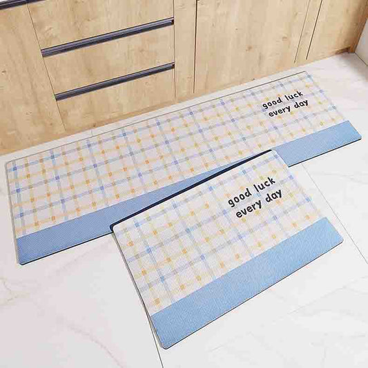 Feblilac Blue and Yellow Check Pattern PVC Leather Kitchen Mat - Feblilac® Mat