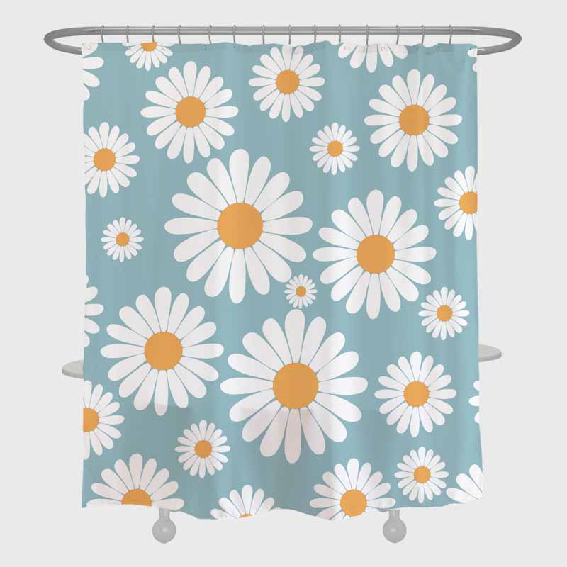 Feblilac Cute Daisy White and Blue Shower Curtain with Hooks, Floral Bathroom Curtains with Rings