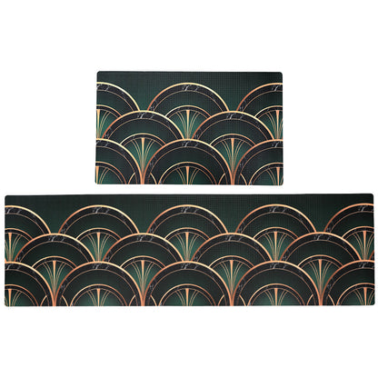 Feblilac Darker Green and Golden Fanshaped Pattern PVC Leather Kitchen Mat - Feblilac® Mat