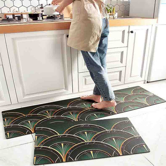 Feblilac Darker Green and Golden Fanshaped Pattern PVC Leather Kitchen Mat - Feblilac® Mat