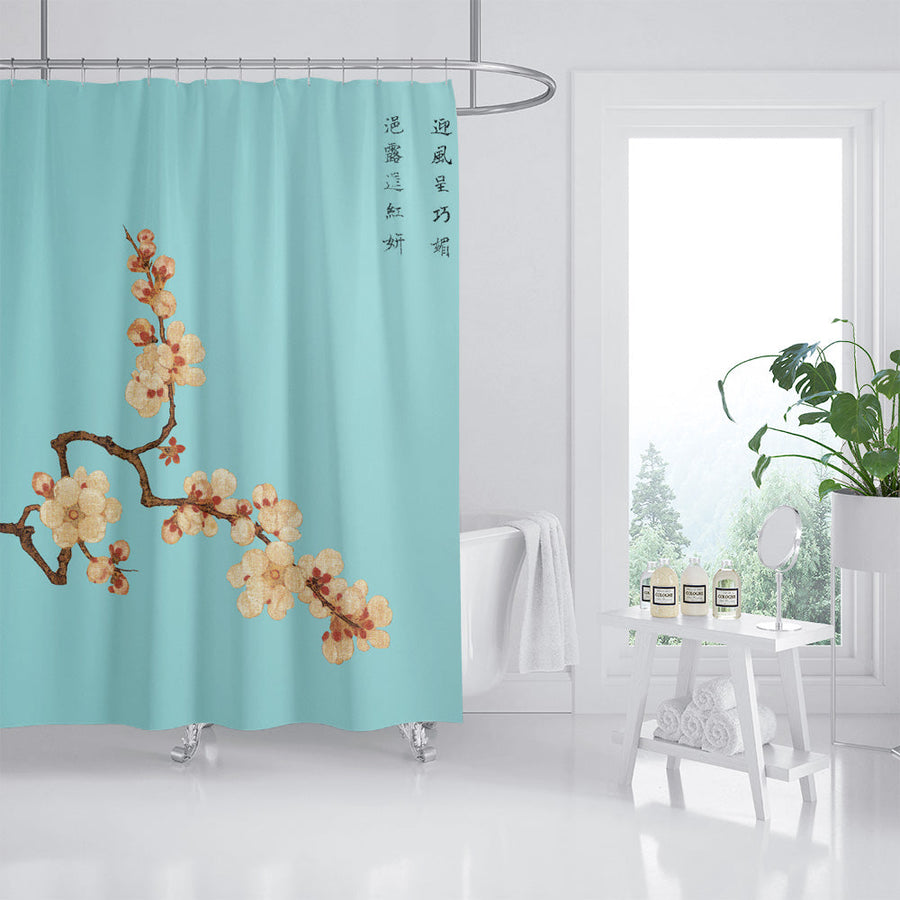 Aqua Blue Plum Blossom Shower Curtain, Asian Floral Bathroom Decor - view 2
