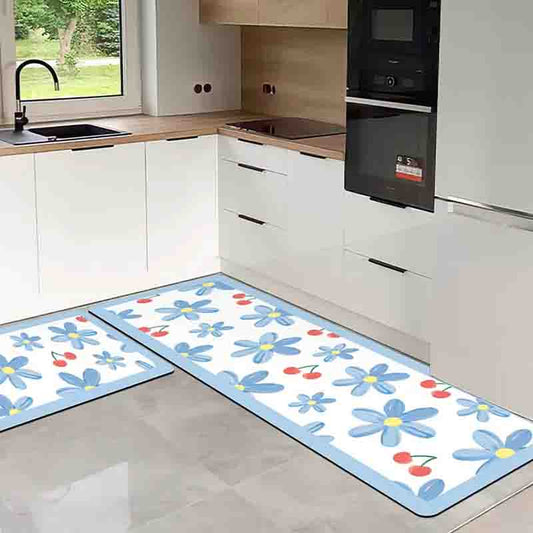 Feblilac Cherries in Blue Flowers PVC Leather Kitchen Mat - Feblilac® Mat