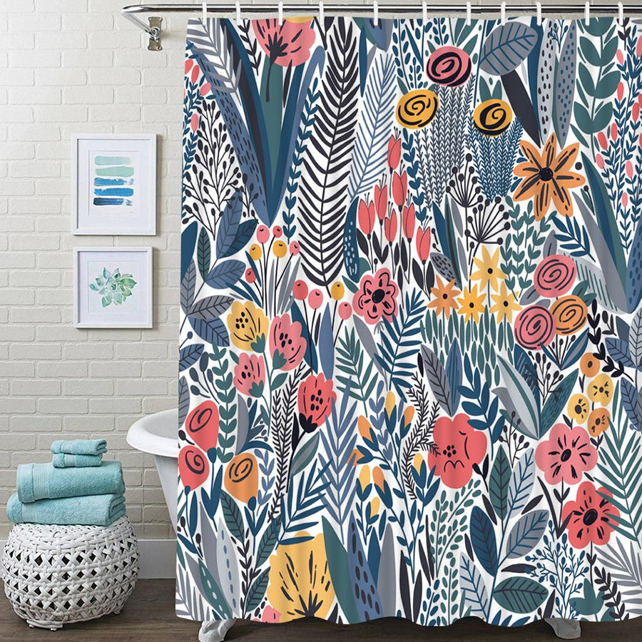 Feblilac Tropical Green Leaves and Flower Landscape Shower Curtain with Hooks, Bathroom Curtains with Ring, Un