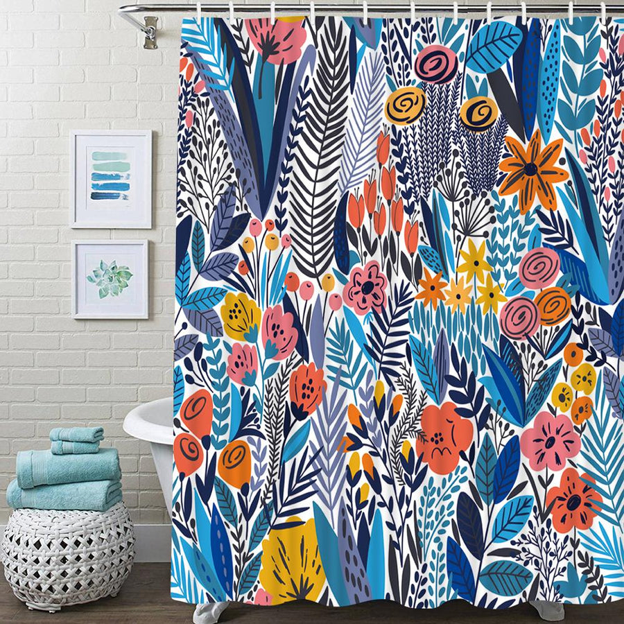 Feblilac Tropical Green Leaves and Flower Landscape Shower Curtain with Hooks, Bathroom Curtains with Ring, Un - view 2