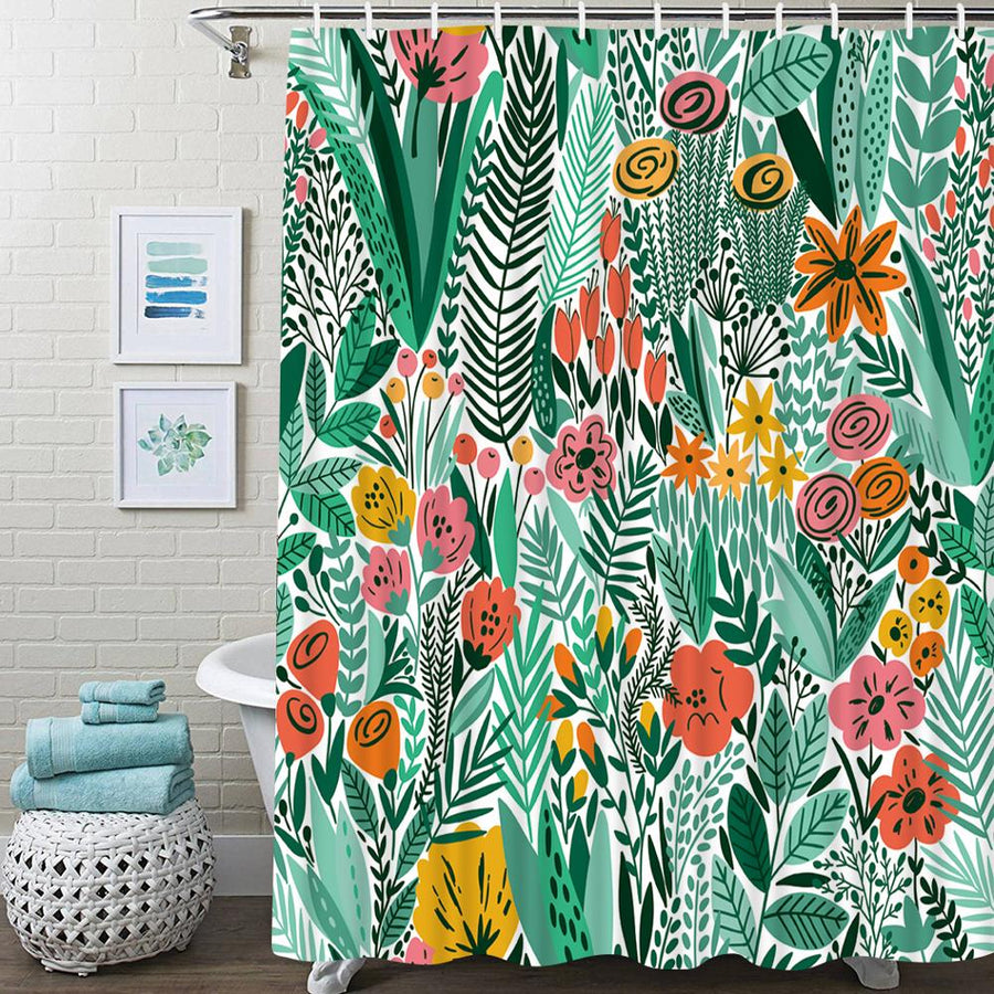 Feblilac Tropical Green Leaves and Flower Landscape Shower Curtain with Hooks, Bathroom Curtains with Ring, Un - view 4
