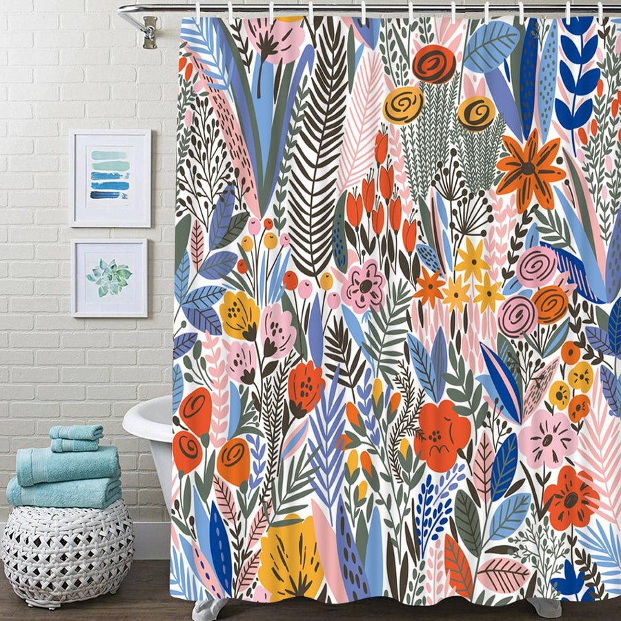 Feblilac Tropical Green Leaves and Flower Landscape Shower Curtain with Hooks, Bathroom Curtains with Ring, Un - view 3