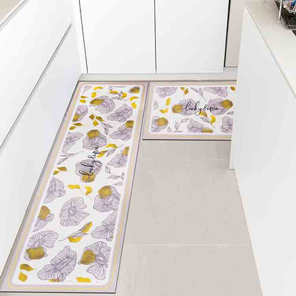 Flower and Yellow Leaves Kitchen Mat
