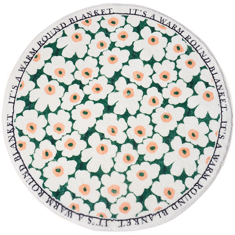 Green and White Flowers Round Bedroom Mat