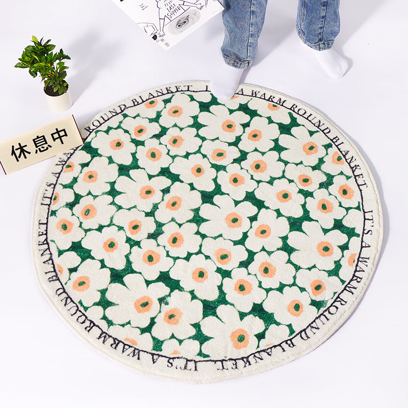 Green and White Flowers Round Bedroom Mat