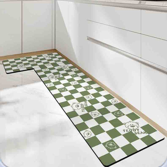 Feblilac Green White Checkerboard and Bear PVC Leather Kitchen Mat - Feblilac® Mat
