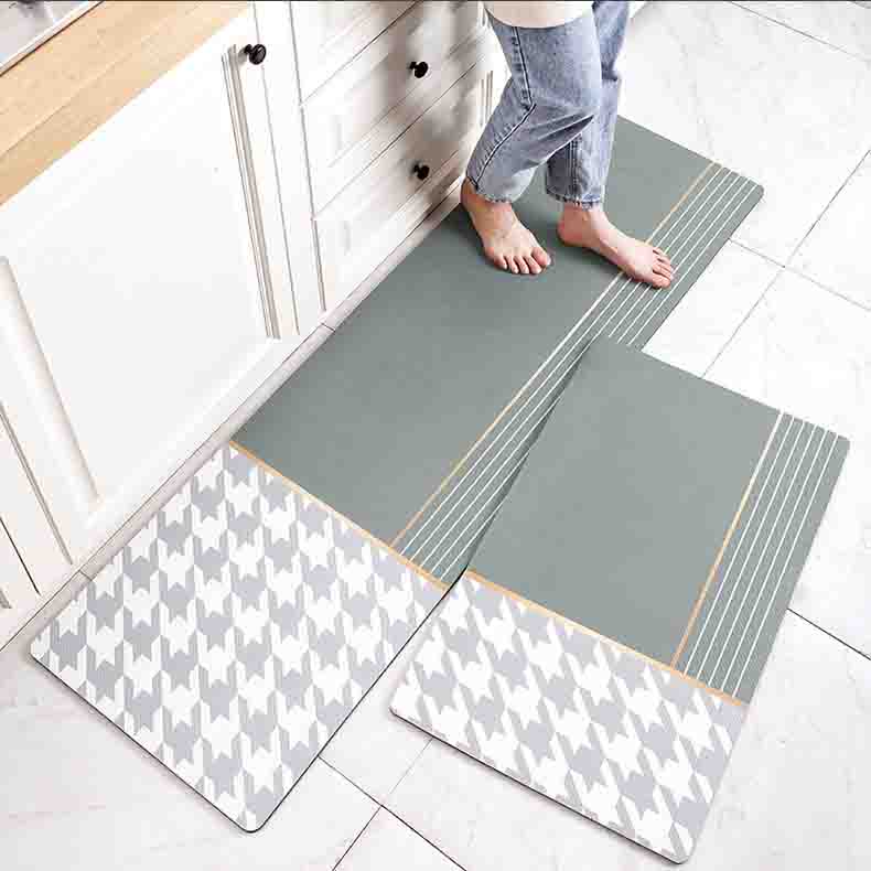 Feblilac Green and Grey Plaid Bird Pattern PVC Leather Kitchen Mat - Feblilac® Mat