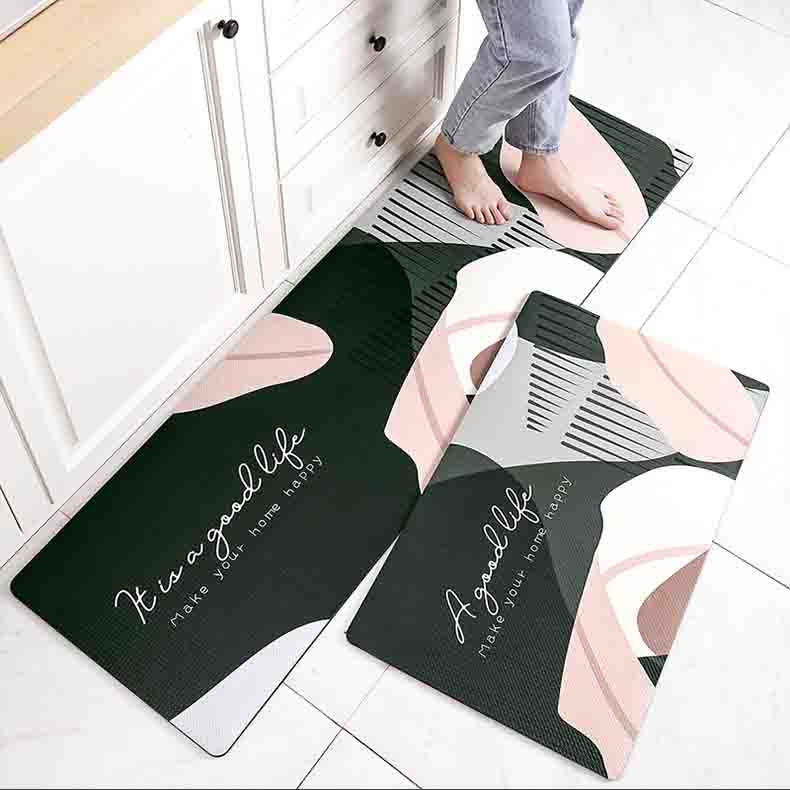 Feblilac Green and Pink Leaves PVC Leather Kitchen Mat - Feblilac® Mat