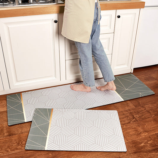 Feblilac Grey and Green Line Art PVC Leather Kitchen Mat - Feblilac® Mat