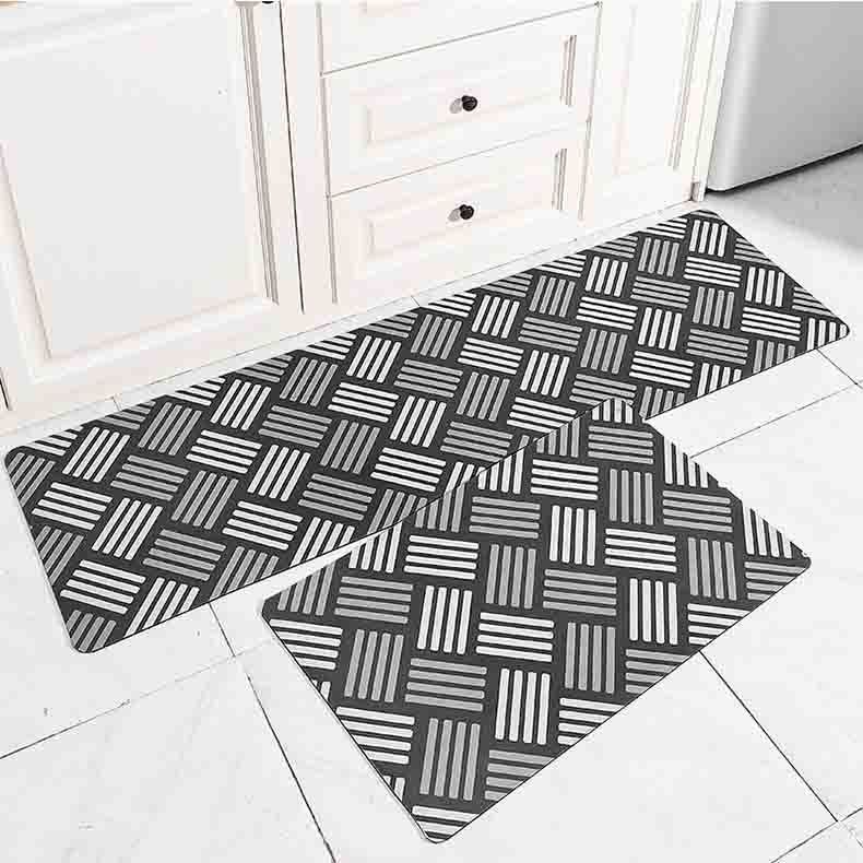 Feblilac Grey and White Lines Geometric Pattern PVC Leather Kitchen Mat - Feblilac® Mat