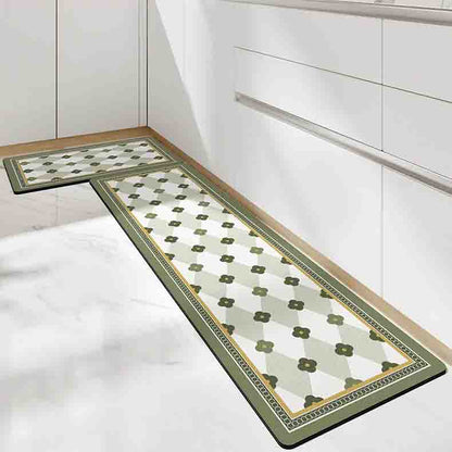 Feblilac Jasper Darker Green Flower Geometric Pattern PVC Leather Kitchen Mat - Feblilac® Mat