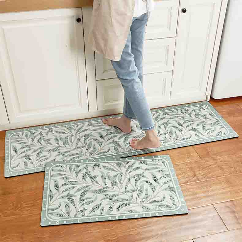 Feblilac Light Green Leaves Foral PVC Leather Kitchen Mat - Feblilac® Mat