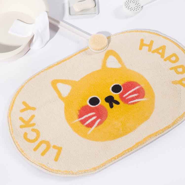 Lucky and Happy Yellow Cat Elliptical Bath Mat
