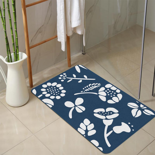 White and Navy Flower Bath Mat - Feblilac® Mat