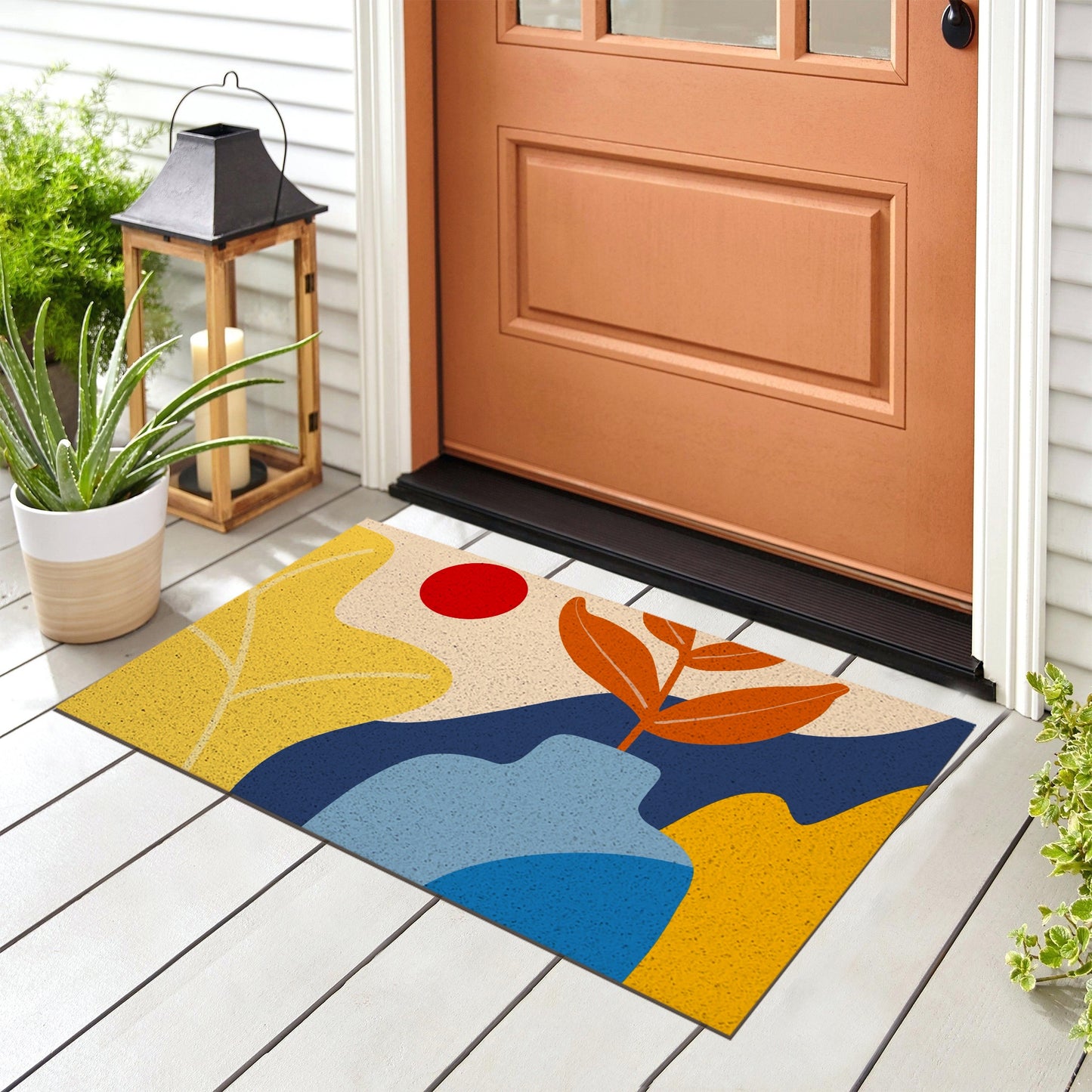 Feblilac Abstract Flower Pot Door Mat, Country Style Flower Patio Welcome Doormat, Anti Skid PVC Coil Outdoor Mats, Front Mat for Home, Washable Entryway Doormat - Feblilac® Mat