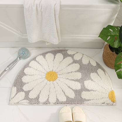 Feblilac Semicircle Grey Daisy Bath Mat, Blue Floral Daisy Bathroom Rug - Feblilac® Mat