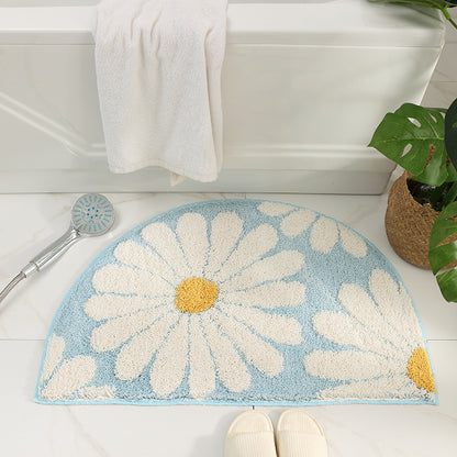 Feblilac Semicircle Grey Daisy Bath Mat, Blue Floral Daisy Bathroom Rug - Feblilac® Mat