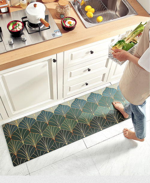 Feblilac PVC Green Abstract Leaves Kitchen Mat, Washable Floor Rugs ...