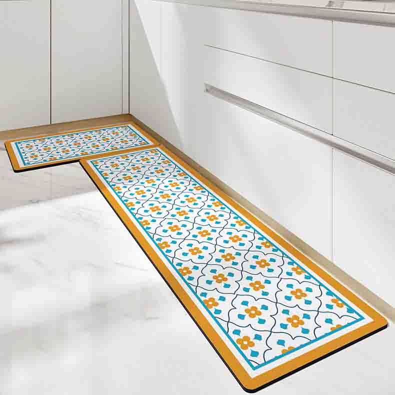 Feblilac Orange and Blue Flower Geometric Pattern PVC Leather Kitchen Mat - Feblilac® Mat